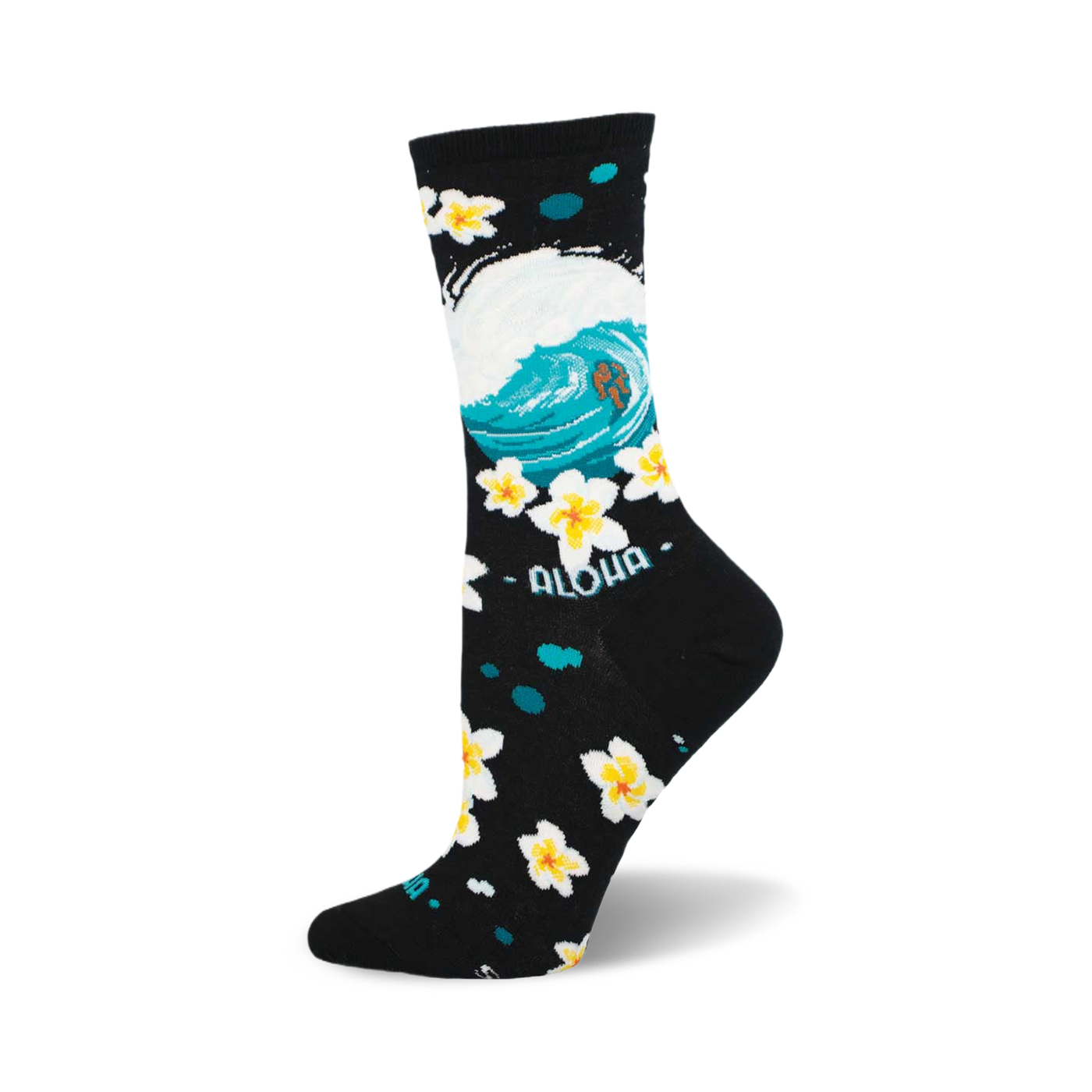 Crew socks in black with teal wave design, white plumeria flowers, and 'Aloha' text. 