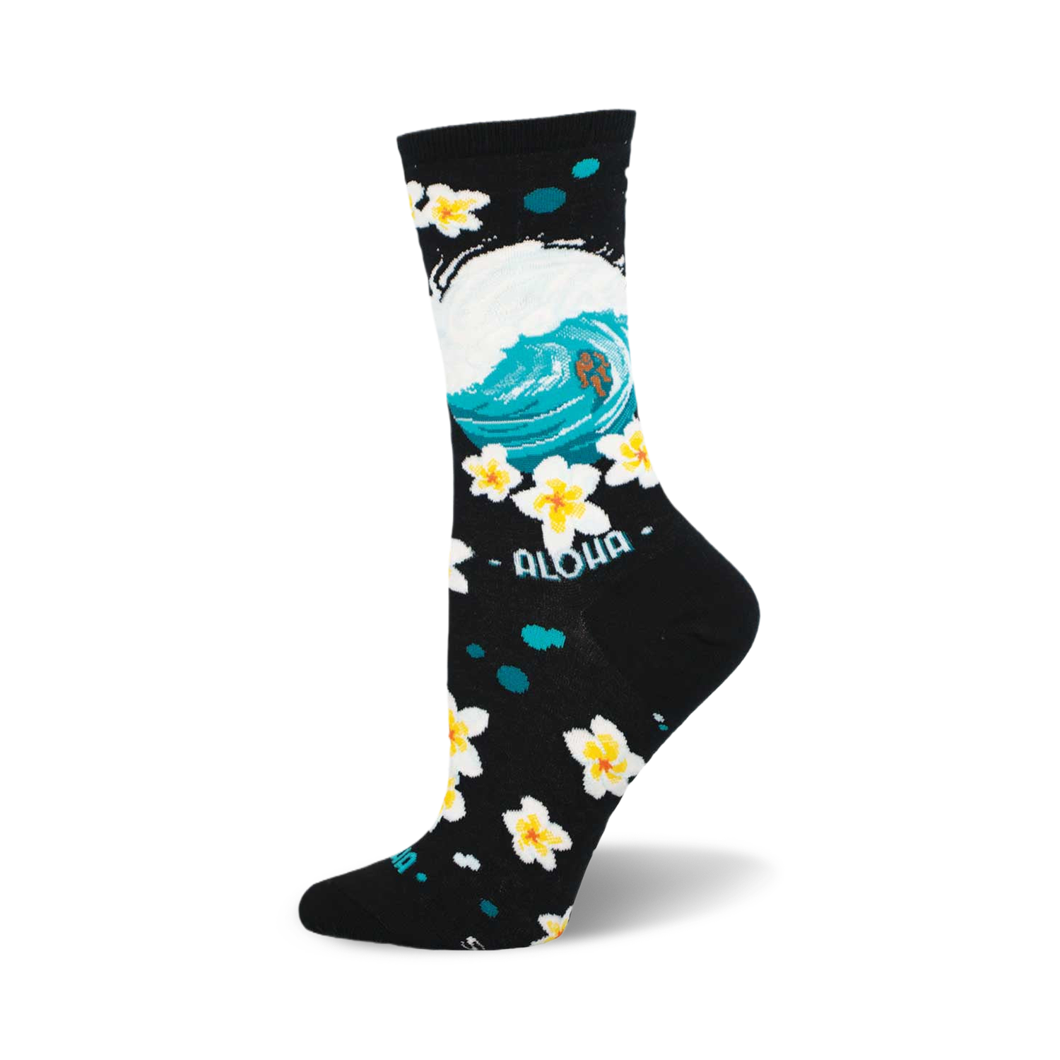 Crew socks in black with teal wave design, white plumeria flowers, and 'Aloha' text. 