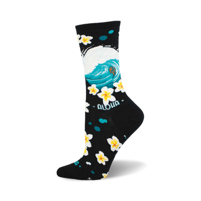 side view of black crew socks; surfing wave design, plumeria flowers, and "aloha."  "surfing with aloha" socks.