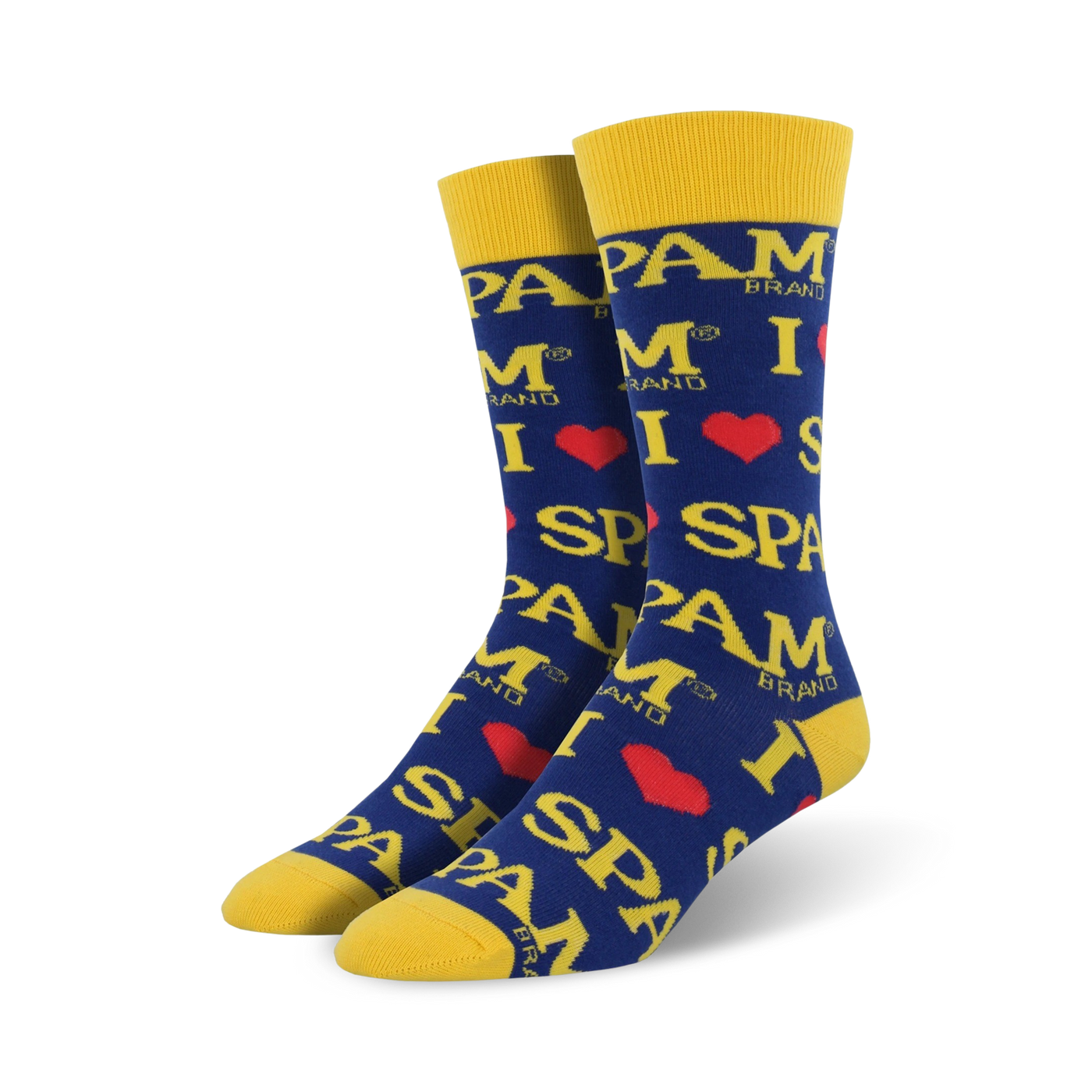 Crew socks in blue and yellow featuring a repeated 'I love Spam' design with the Spam logo. 