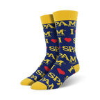 Crew socks in blue and yellow featuring a repeated 'I love Spam' design with the Spam logo. 