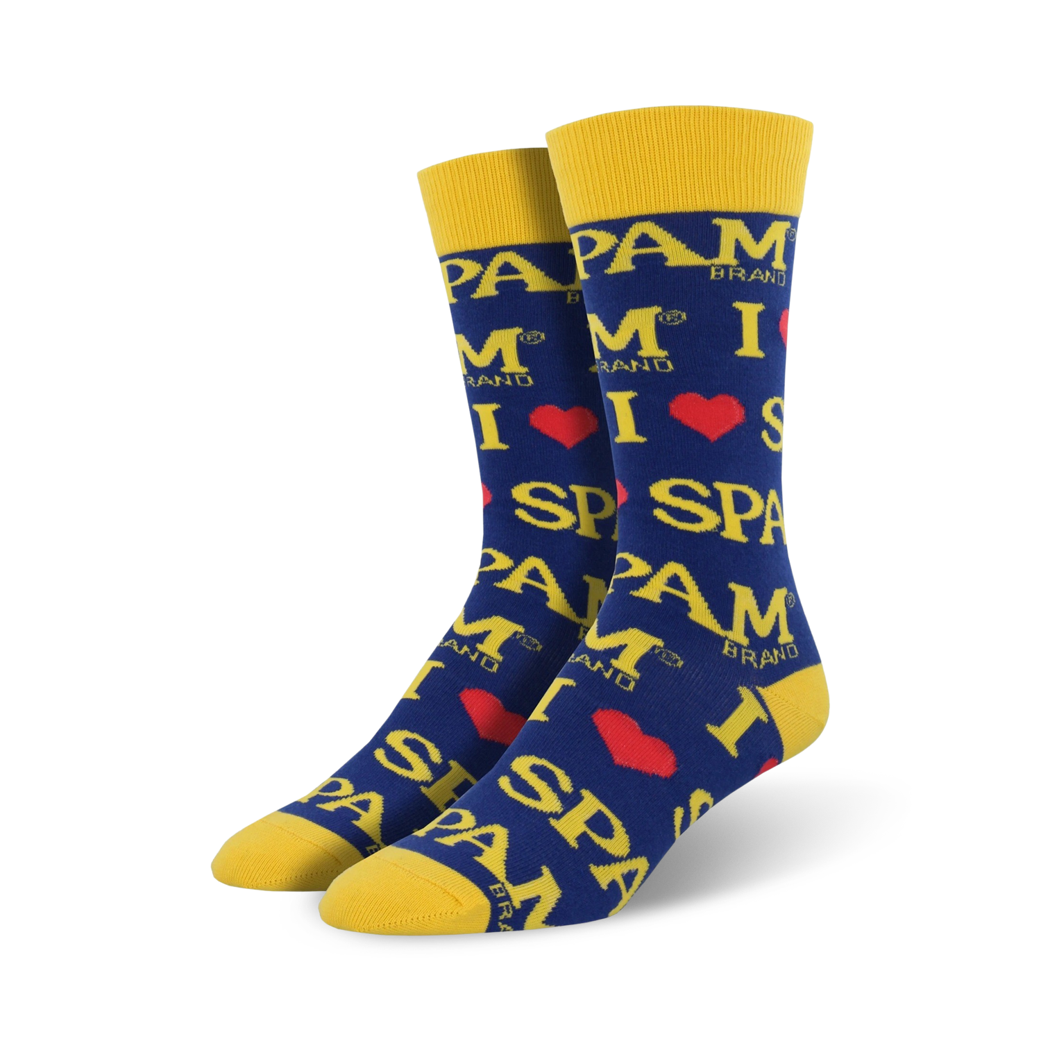 Crew socks in blue and yellow featuring a repeated 'I love Spam' design with the Spam logo. 