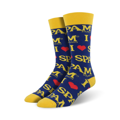 Crew socks in blue and yellow featuring a repeated 'I love Spam' design with the Spam logo. 