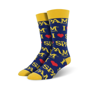 blue crew socks with repeating "spam" and heart pattern.  