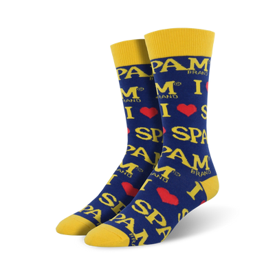 blue crew socks with repeating "spam" and heart pattern.  