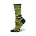 Crew socks in green with yellow school buses, stop signs, and daisies. Fun and whimsical design, perfect for back-to-school!
