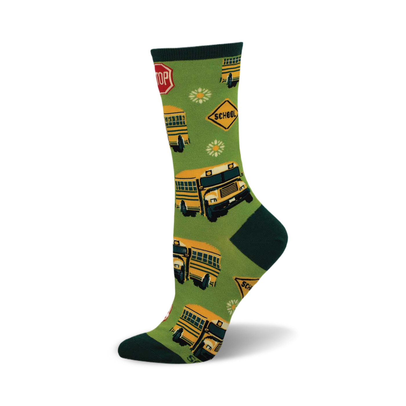 Crew socks in green with yellow school buses, stop signs, and daisies. Fun and whimsical design, perfect for back-to-school!