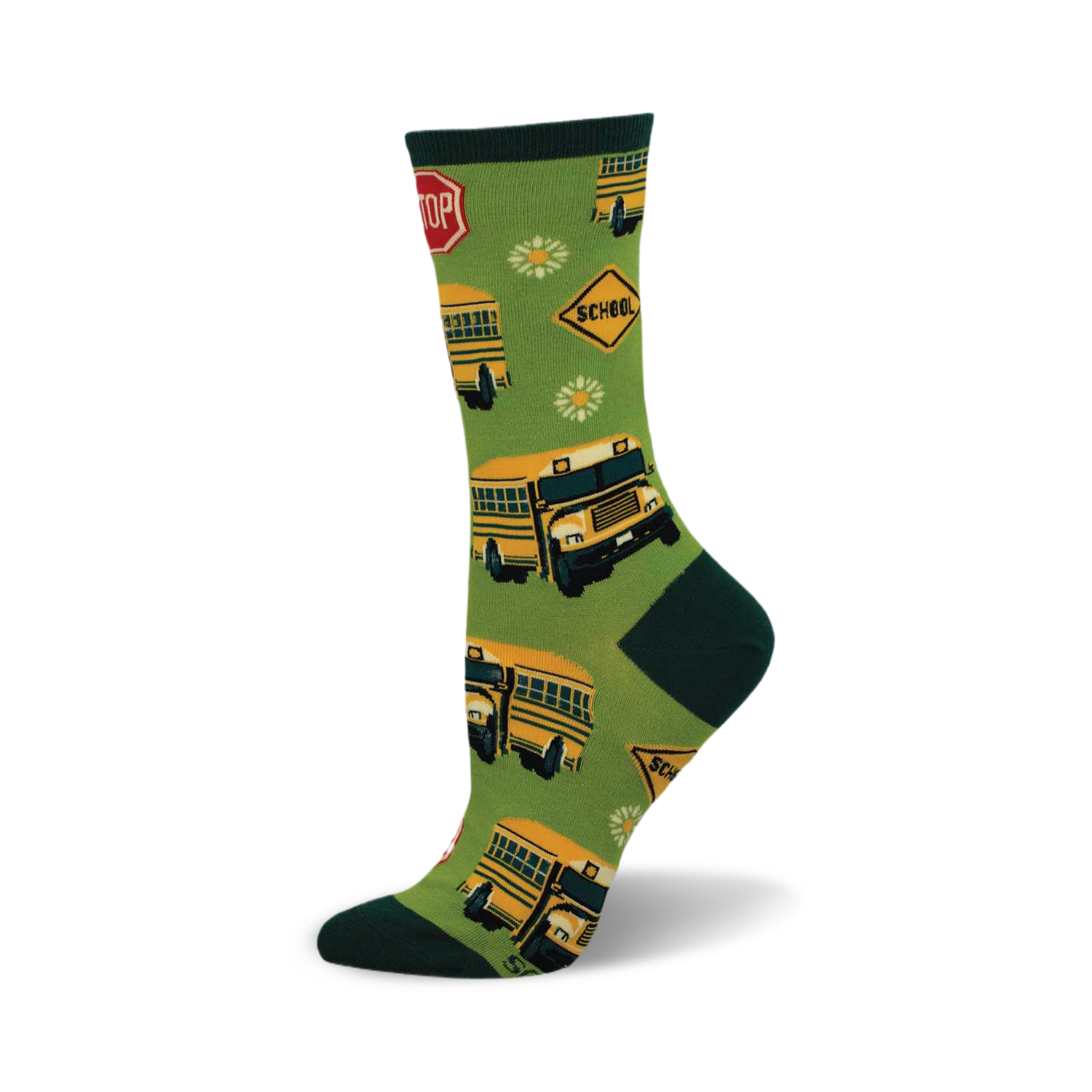 Crew socks in green with yellow school buses, stop signs, and daisies. Fun and whimsical design, perfect for back-to-school!
