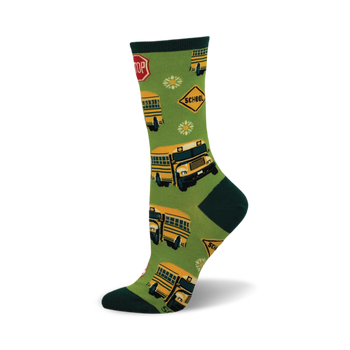 side view of 'school bus' socks featuring yellow school buses, stop signs, and daisies on a green background.