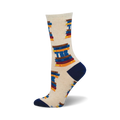 Cream crew socks with navy blue heel and toe.  The socks are adorned with a repeated pattern of colorful book stacks spelling out 'TBR'.