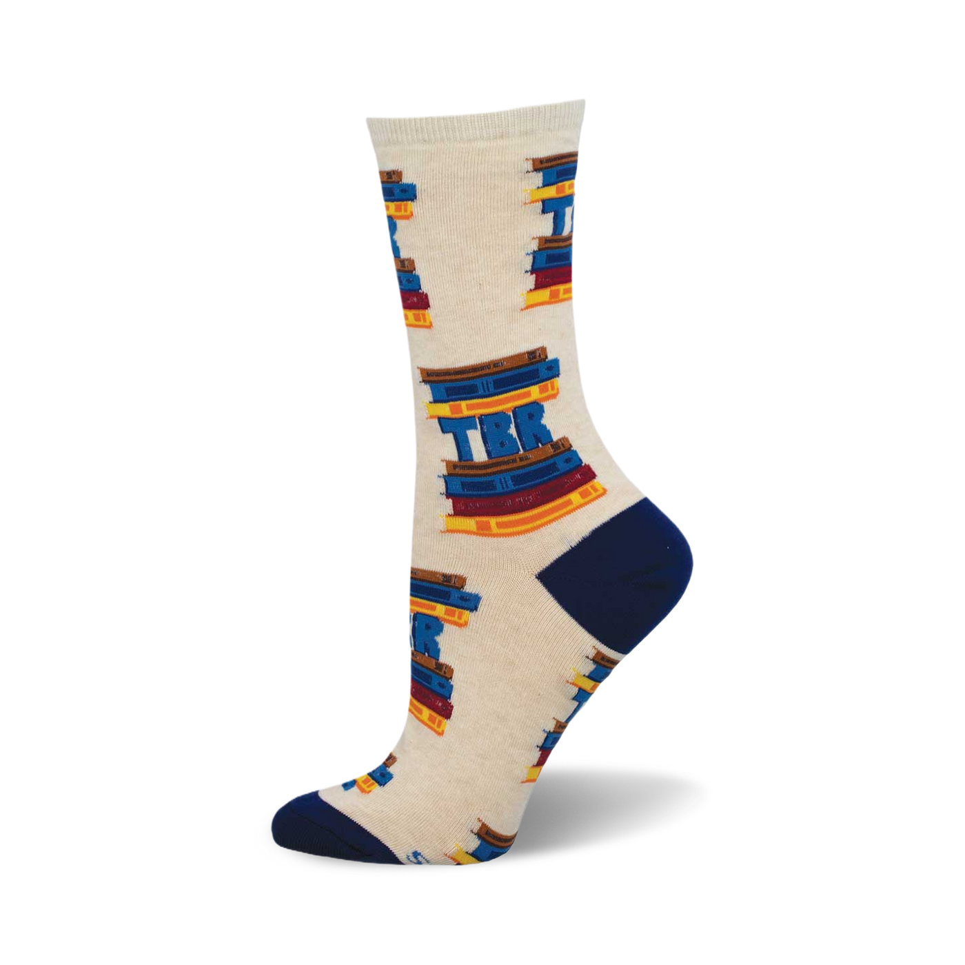 Cream crew socks with navy blue heel and toe.  The socks are adorned with a repeated pattern of colorful book stacks spelling out 'TBR'.