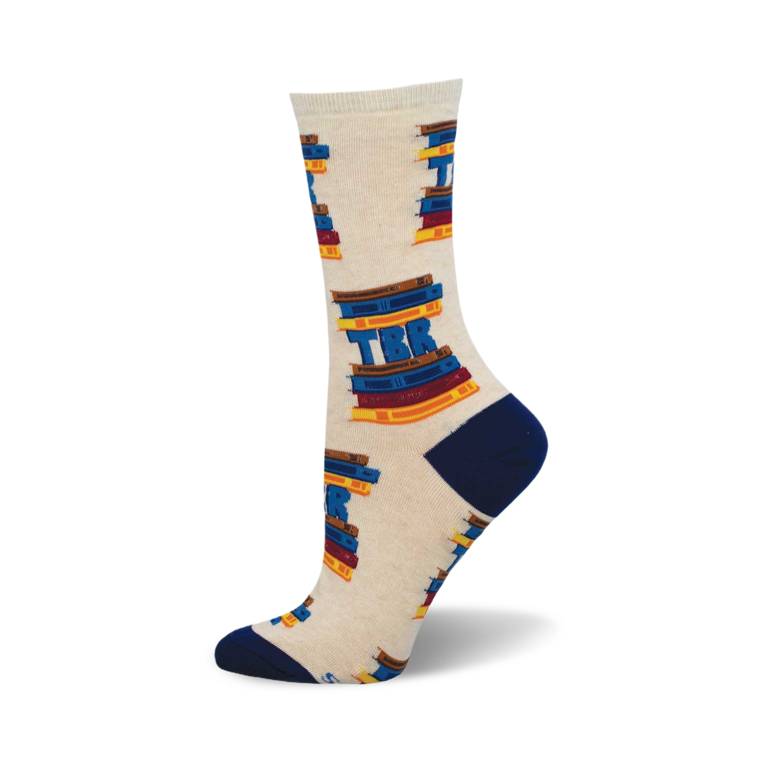 Cream crew socks with navy blue heel and toe.  The socks are adorned with a repeated pattern of colorful book stacks spelling out 'TBR'.