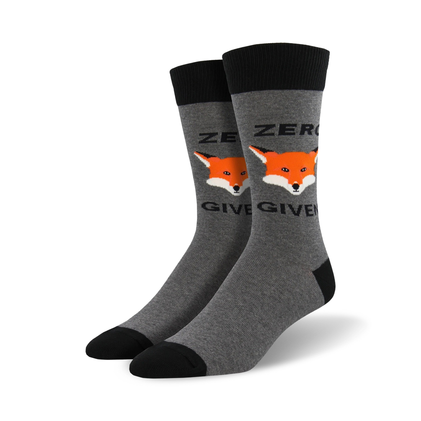 Pair of grey crew socks with black cuffs. Features a repeating design of orange fox faces and the text "Zero Fox Given".