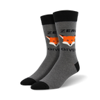 Pair of grey crew socks with black cuffs. Features a repeating design of orange fox faces and the text "Zero Fox Given".