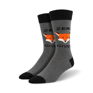 mens zero fox given crew socks in gray with black toes and heels. cartoon fox print with white 
