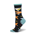 Crew socks in navy blue, teal, orange, and green.  Features a martini glass with olives and the phrase 'I Like it Dirty!'