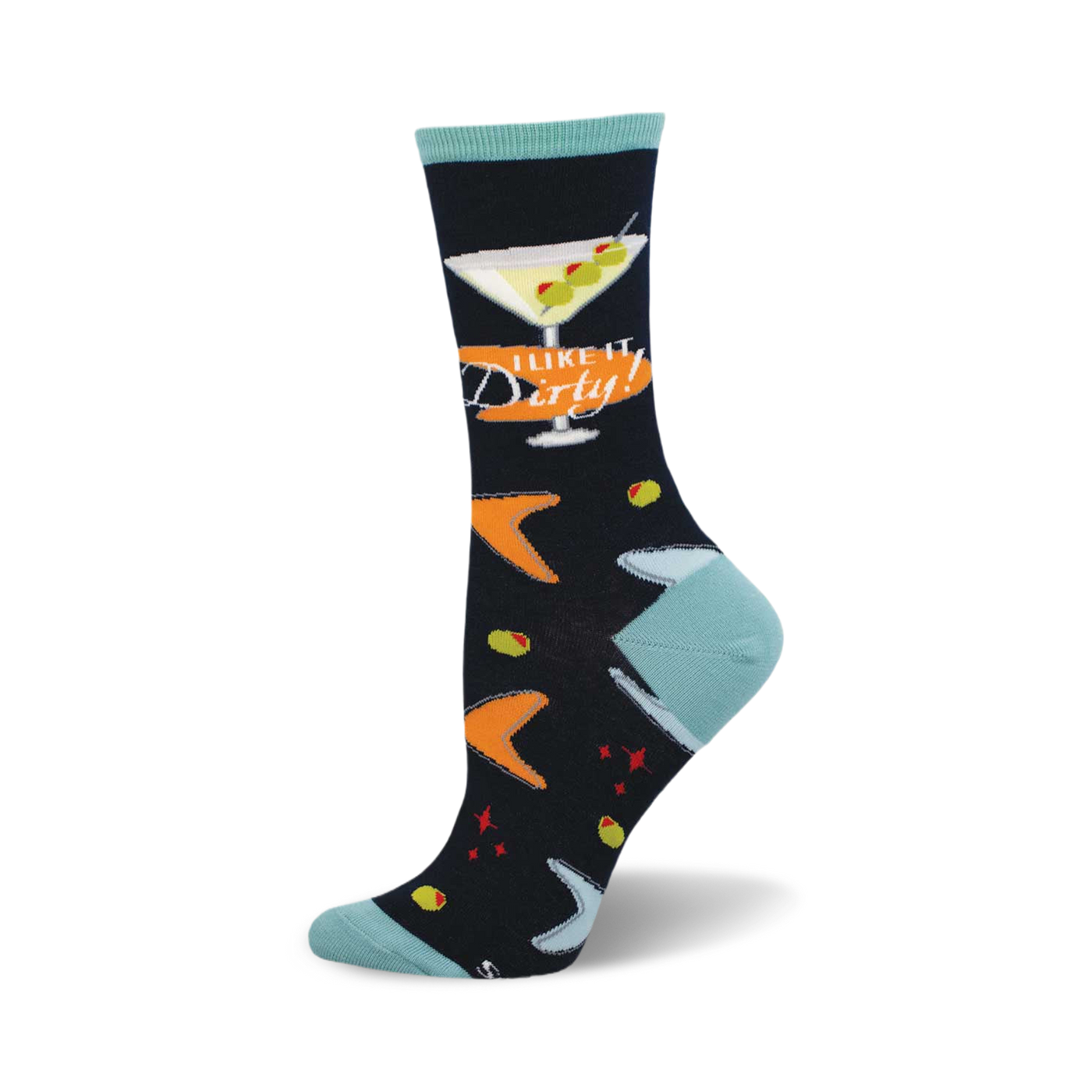 Crew socks in navy blue, teal, orange, and green.  Features a martini glass with olives and the phrase 'I Like it Dirty!'