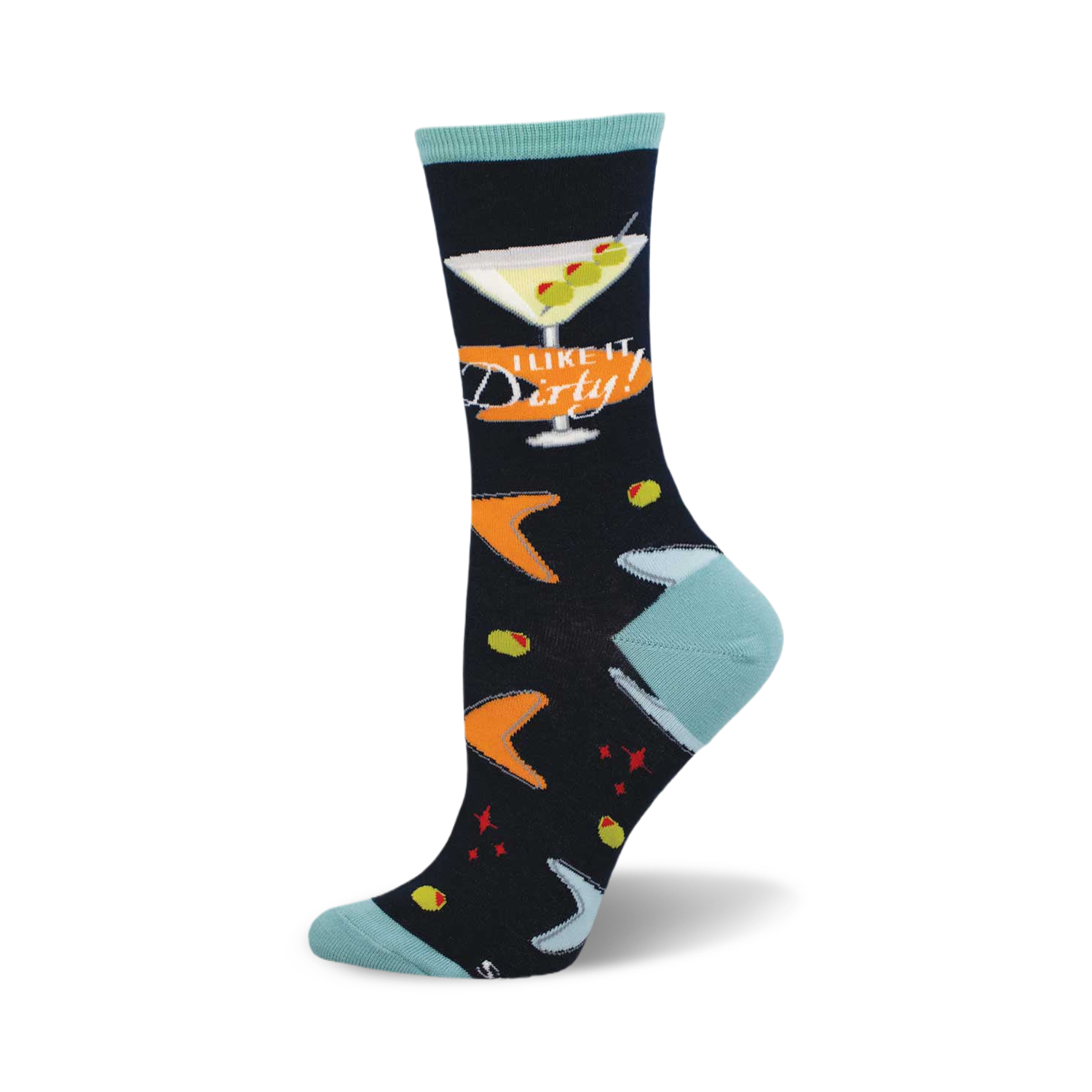 Crew socks in navy blue, teal, orange, and green.  Features a martini glass with olives and the phrase 'I Like it Dirty!'