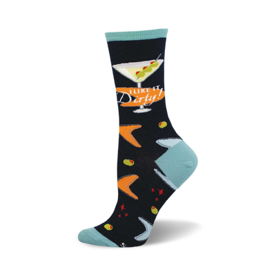 side view of "i like it dirty" socks; dark background with martini glasses, and olives.  "i like it dirty!" text is featured.