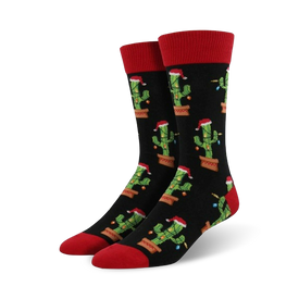christmas cactus christmas themed mens black novelty crew socks