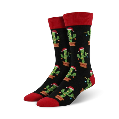 black crew socks with christmas cacti in santa hats, lights, tan pots, red saucers. men's.   