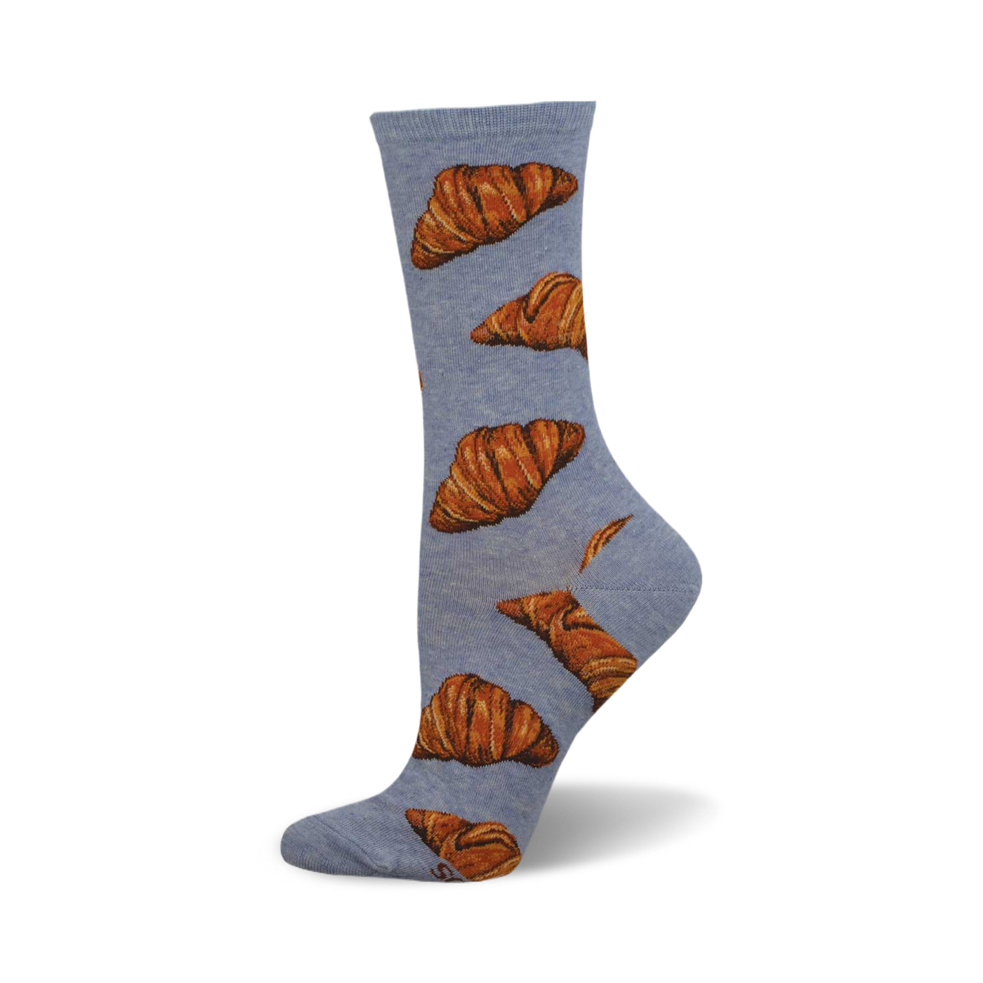 A single light-blue crew sock with a pattern of brown croissants. These fun socks are perfect for the pastry lover in your life.