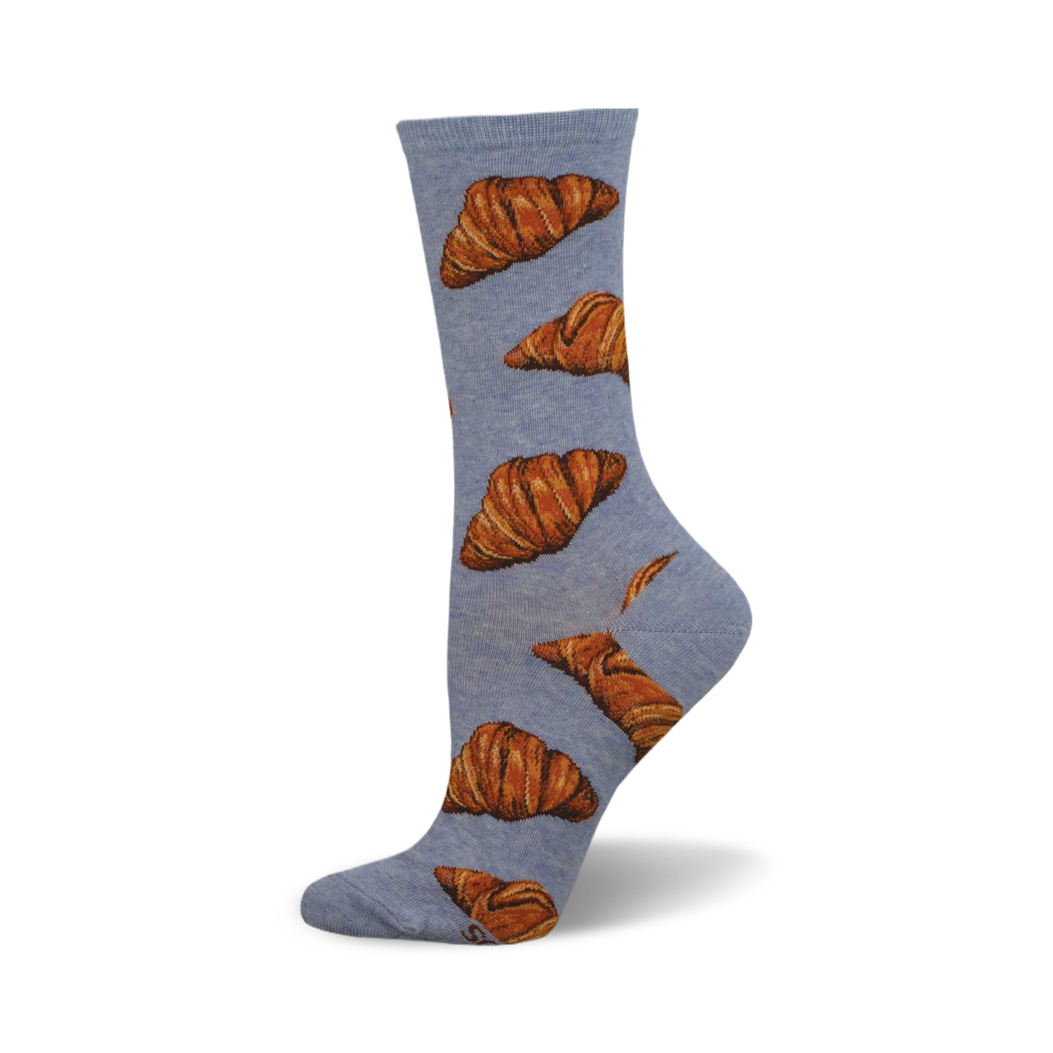 A single light-blue crew sock with a pattern of brown croissants. These fun socks are perfect for the pastry lover in your life.