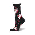 Black crew socks with a fun design of red wine boxes, glasses, and wine spills. Pink and white accents. 