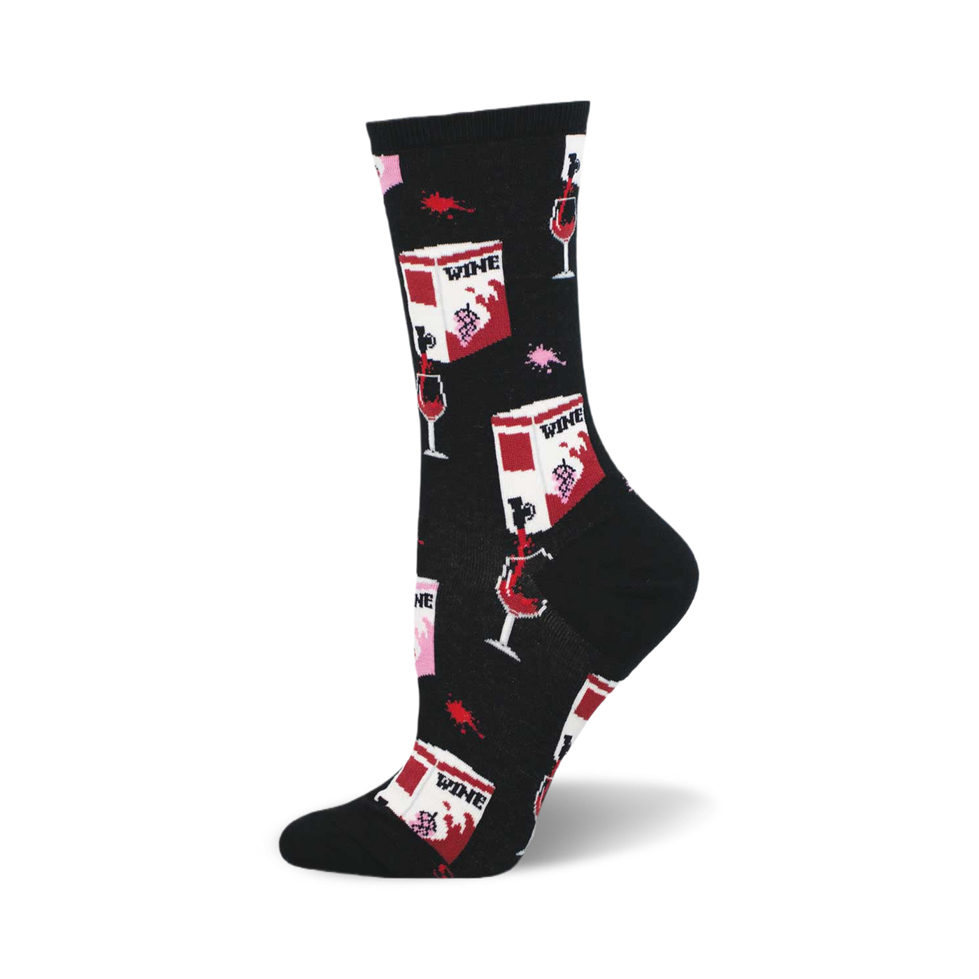 Black crew socks with a fun design of red wine boxes, glasses, and wine spills. Pink and white accents. 