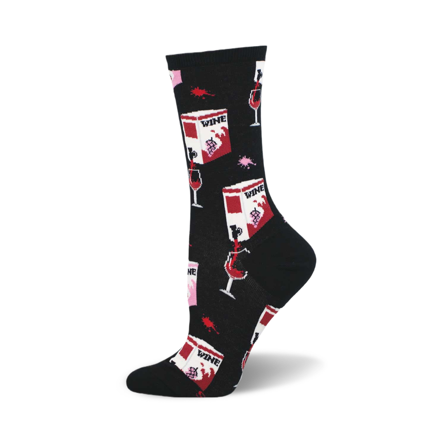 Black crew socks with a fun design of red wine boxes, glasses, and wine spills. Pink and white accents. 