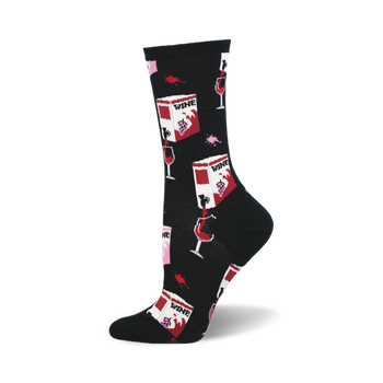 side view of black crew sock featuring a repeated pattern of boxed wine and wine glasses.  "fine like boxed wine" socks.