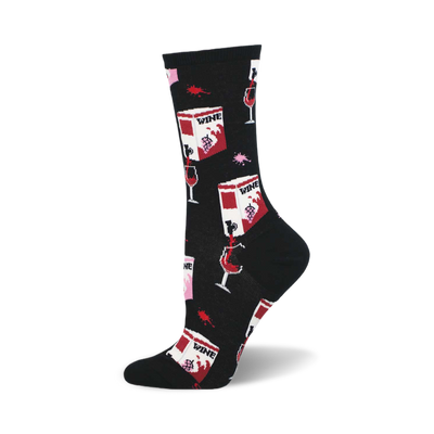 side view of black crew sock featuring a repeated pattern of boxed wine and wine glasses.  "fine like boxed wine" socks.