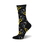Crew socks in black with a playful design of yellow bubble wands and multicolored bubbles of varying sizes.