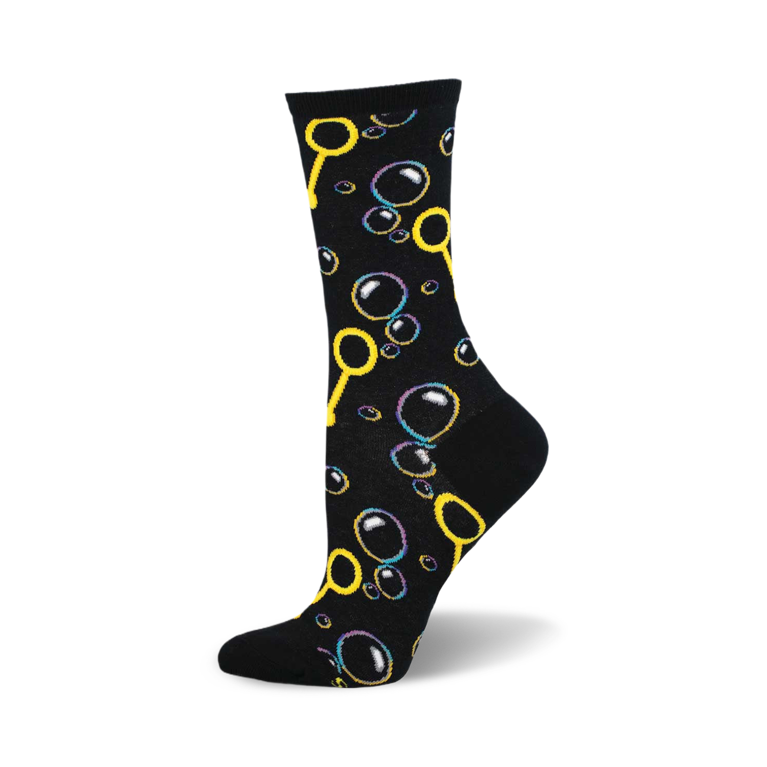 Crew socks in black with a playful design of yellow bubble wands and multicolored bubbles of varying sizes.