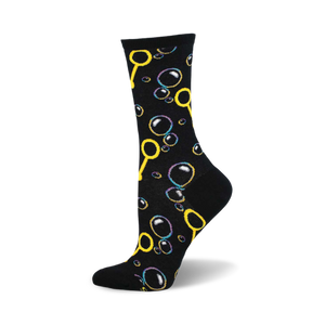 Crew socks in black with a playful design of yellow bubble wands and multicolored bubbles of varying sizes.