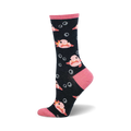 Crew socks in navy blue featuring a pink blobfish pattern and white bubbles. Pink heel and toe.