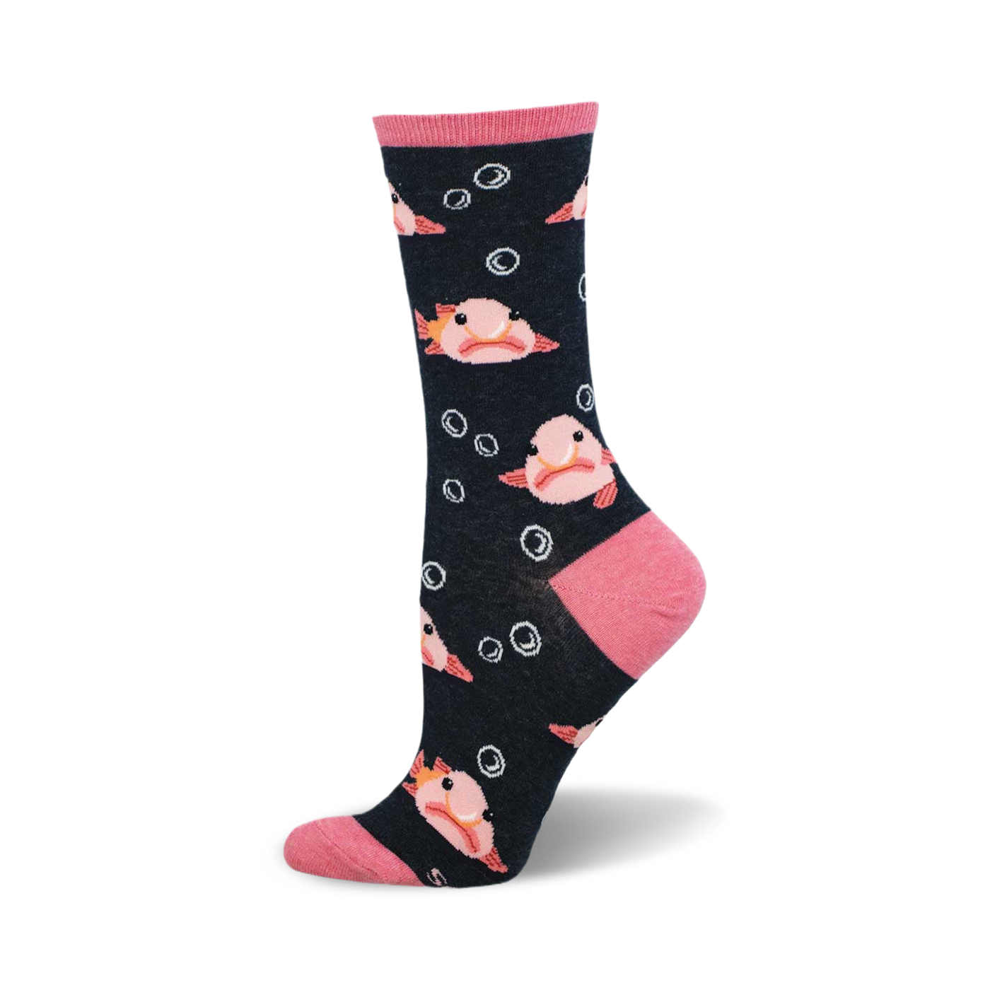 Crew socks in navy blue featuring a pink blobfish pattern and white bubbles. Pink heel and toe.