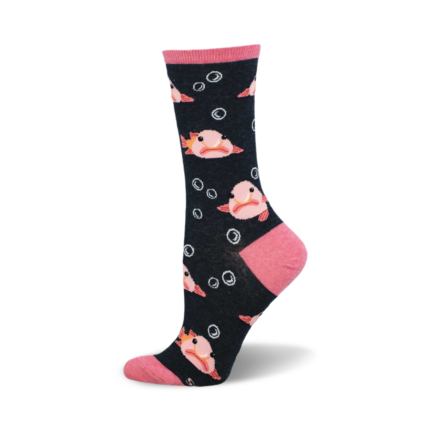 Crew socks in navy blue featuring a pink blobfish pattern and white bubbles. Pink heel and toe.