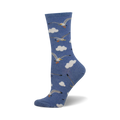 A single light blue crew sock with a playful pattern of seagulls in flight above white clouds. 