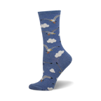 A single light blue crew sock with a playful pattern of seagulls in flight above white clouds. 