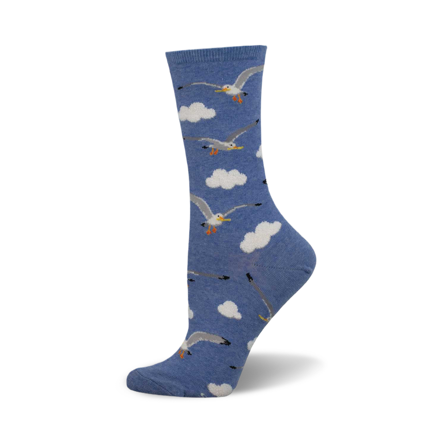 A single light blue crew sock with a playful pattern of seagulls in flight above white clouds. 