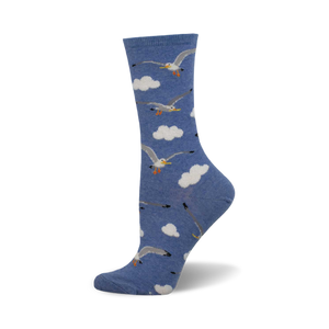 A single light blue crew sock with a playful pattern of seagulls in flight above white clouds. 