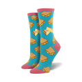 Pair of women's crew socks, teal background, with a pattern of illustrated grilled cheese sandwiches. Pink cuff.