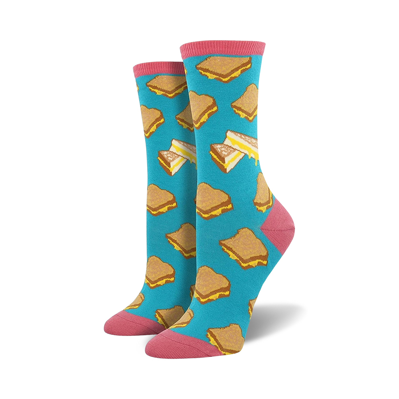 Pair of women's crew socks, teal background, with a pattern of illustrated grilled cheese sandwiches. Pink cuff.