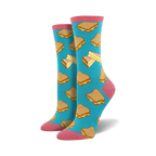 Pair of women's crew socks, teal background, with a pattern of illustrated grilled cheese sandwiches. Pink cuff.