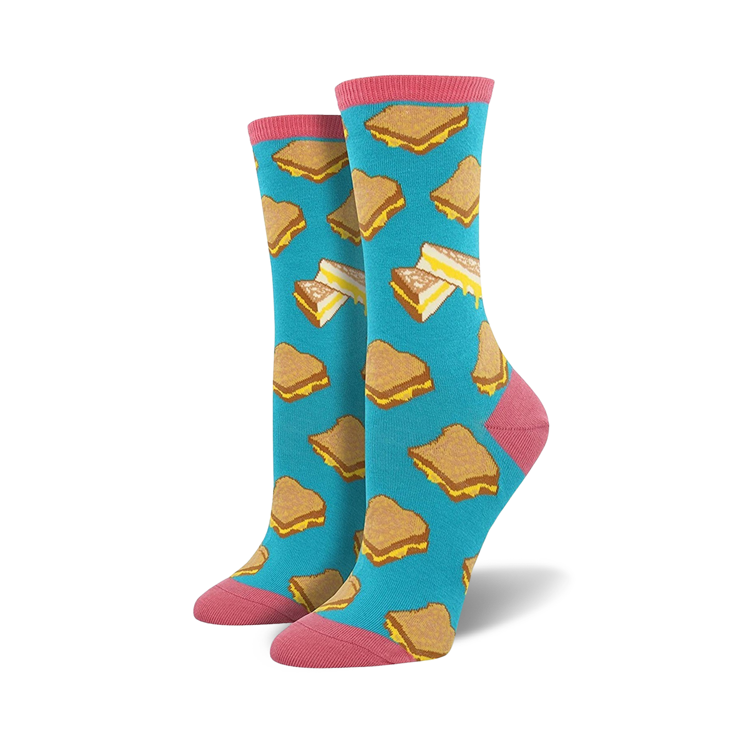 Pair of women's crew socks, teal background, with a pattern of illustrated grilled cheese sandwiches. Pink cuff.