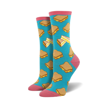 light blue crew socks with grilled cheese sandwich pattern for women.   