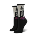 Crew socks in black and grey, featuring a graphic of a cat dressed as Uncle Sam pointing and saying 'I want you to feed me'.