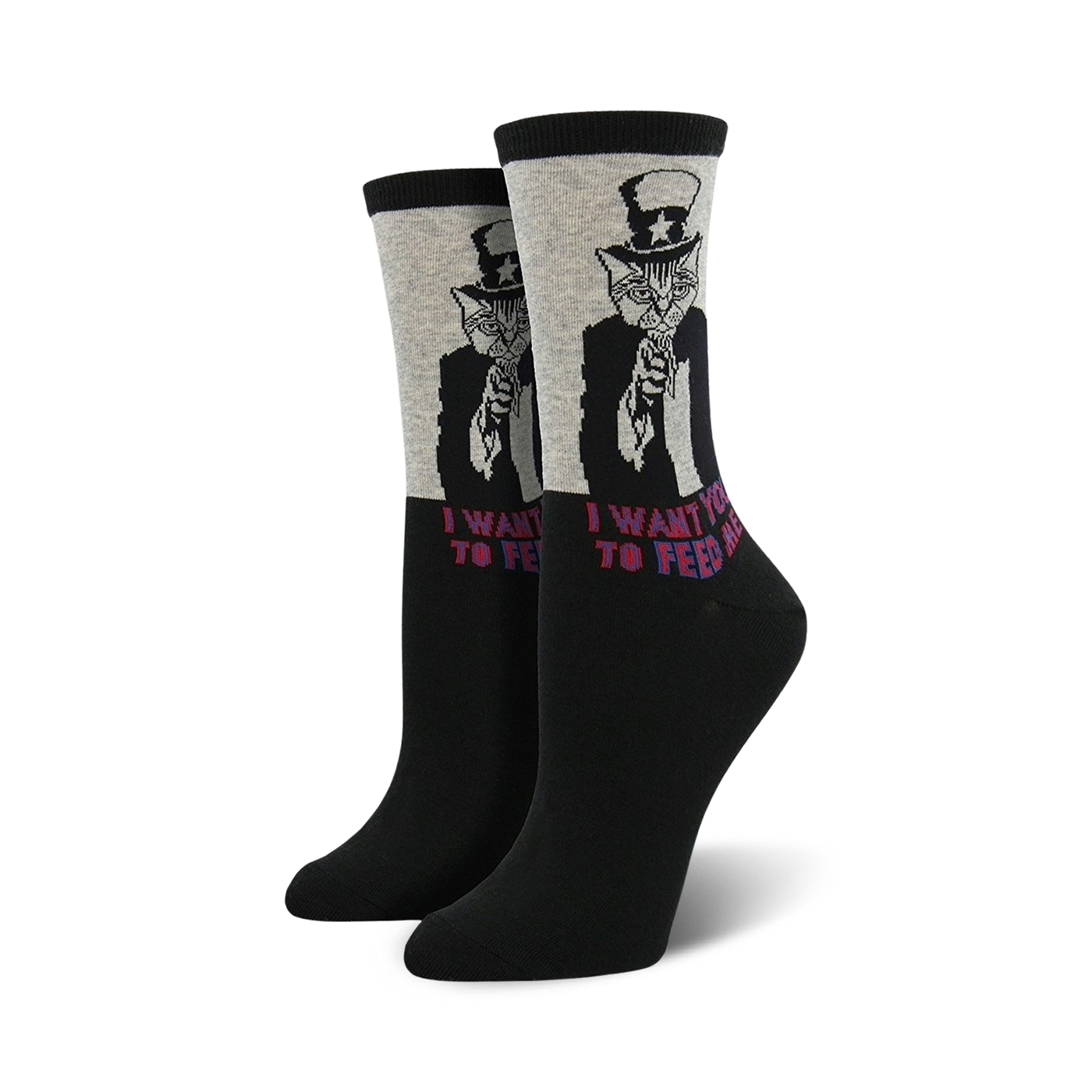 Crew socks in black and grey, featuring a graphic of a cat dressed as Uncle Sam pointing and saying 'I want you to feed me'.