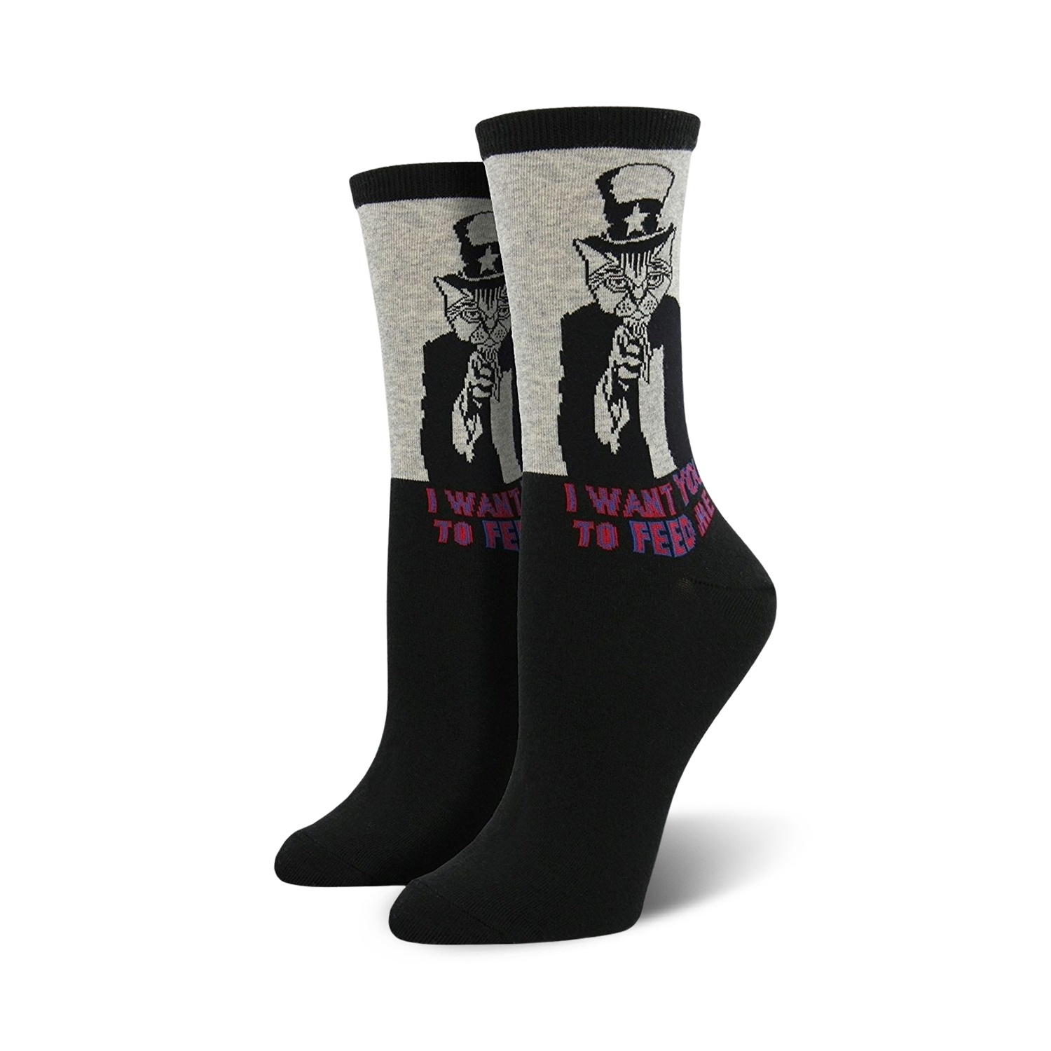 Crew socks in black and grey, featuring a graphic of a cat dressed as Uncle Sam pointing and saying 'I want you to feed me'.